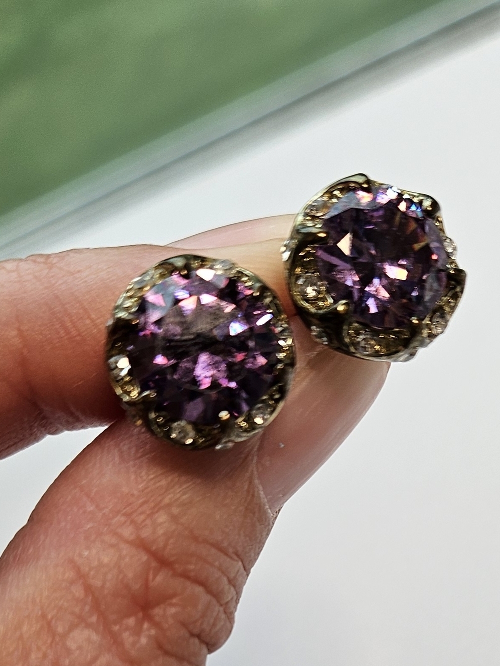 Purple Crystal Round Stud Earrings - Gold Tone